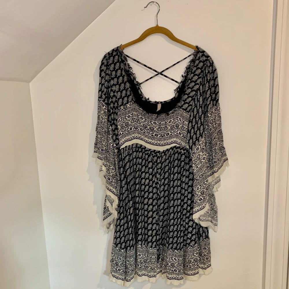 Free People “Heart of Gold” Navy and White Boho Print Mini Dress - Picture 4 of 10